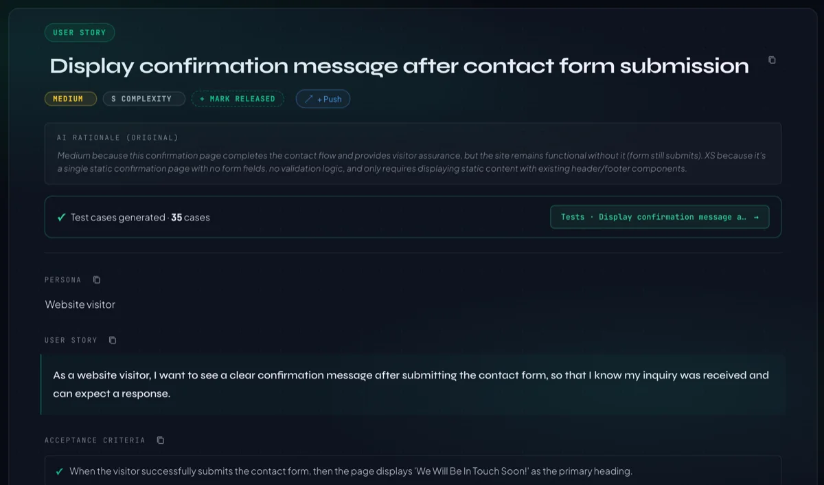 CheckGen screen showing an AI-generated user story, acceptance criteria and 35 generated test cases